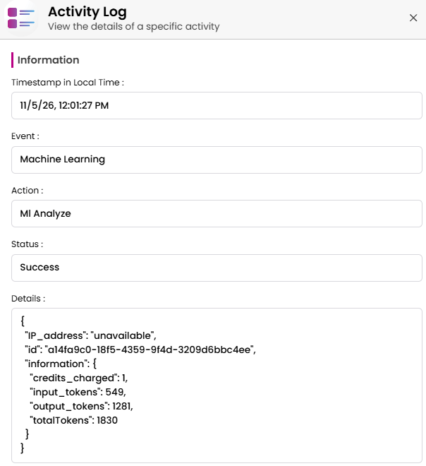 AI credit activity log