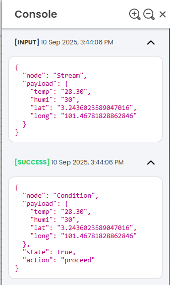 Console log debug rule node example output